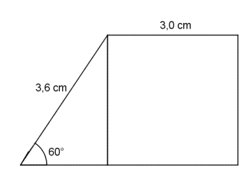 Figuren består av et kvadrat og en rettvinklet trekant. Kvadratet har sidelengde på 3,0 cm, og dette er også lengden til den lengste kateten i trekanten. Hypotenusen er på 3,6 cm, og en av vinklene er på 60 grader.